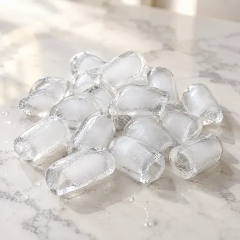 A heap of hollow bullet ice from a countertop ice maker on white quartz