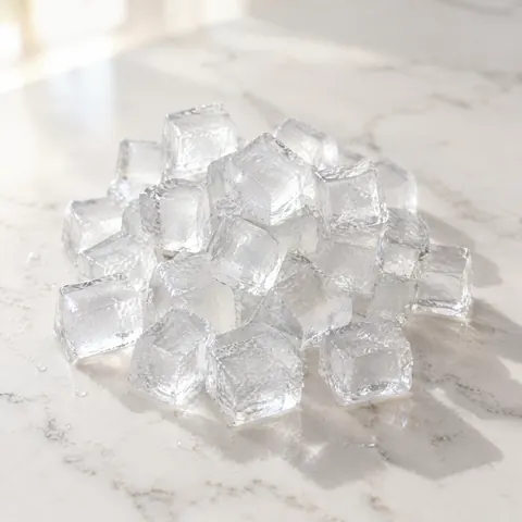 A heap of small clear ice cubes from an undercounter machine on white quartz