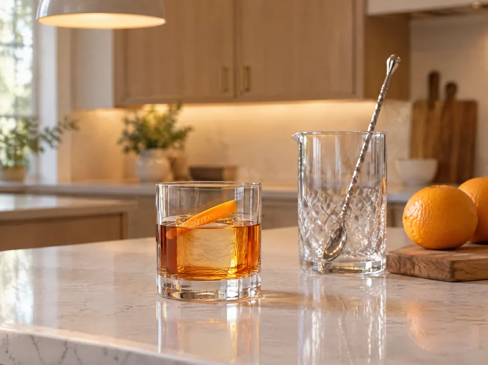 An Old Fashioned over one large clear ice cube on a kitchen island at golden hour