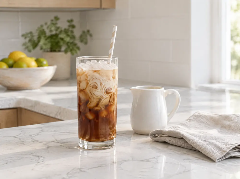 Iced coffee with milk in a tall glass on a white quartz kitchen counter in morning light
