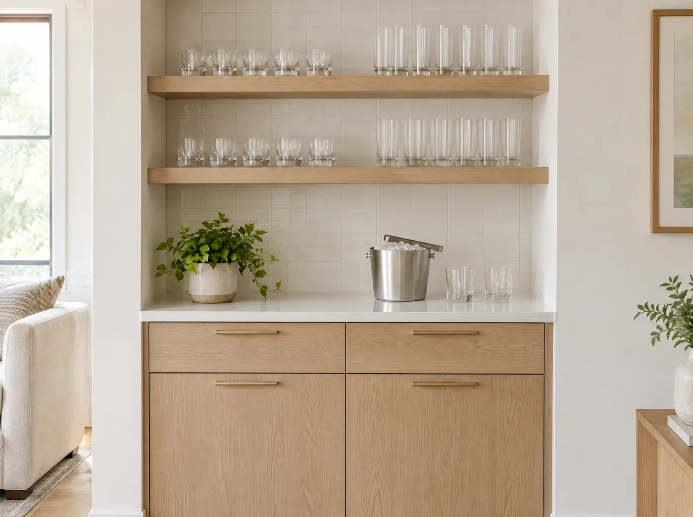 A white oak home bar nook with glasses on open shelves and an ice bucket on the counter