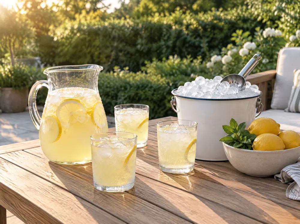 A pitcher of lemonade, glasses with ice and a full ice bucket on a sunny patio table